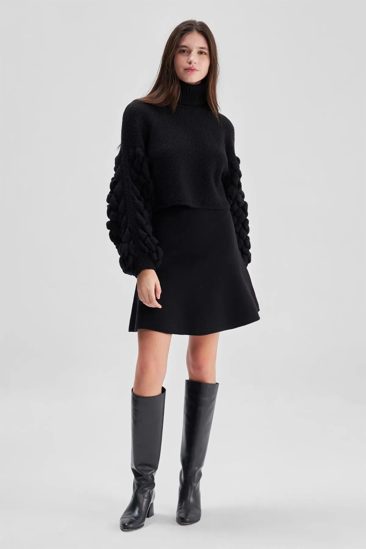3D Braided Black Knitwear Crop Sweater