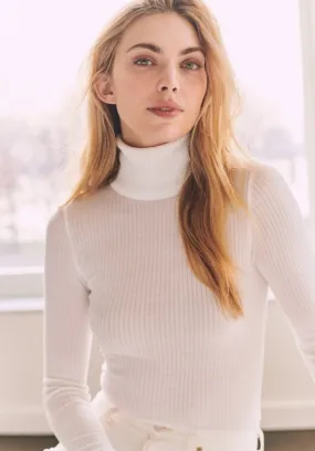 ALI TURTLENECK Fitted LS Rib Knit Pearl White