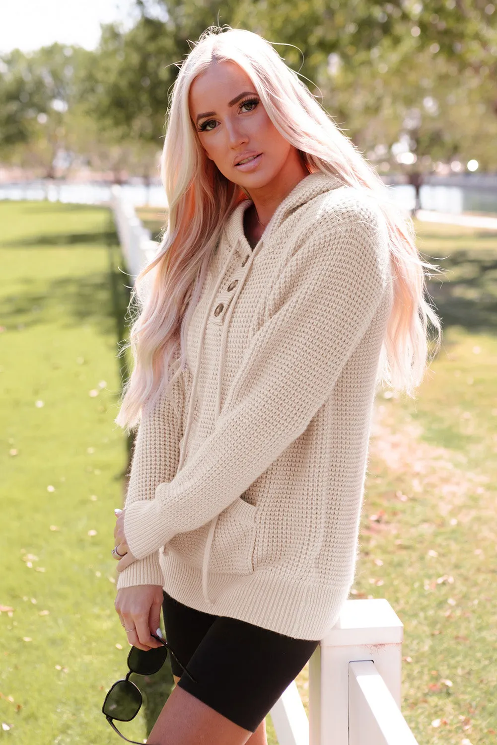 Apricot Waffle Knit Buttons Hooded Sweater With Pocket