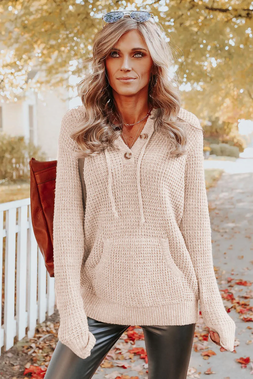 Apricot Waffle Knit Buttons Hooded Sweater With Pocket