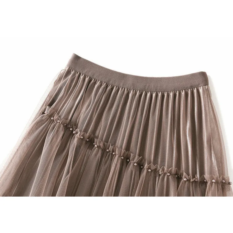 Beading Layered Hem High Waist Skirt