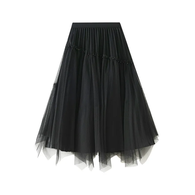 Beading Layered Hem High Waist Skirt