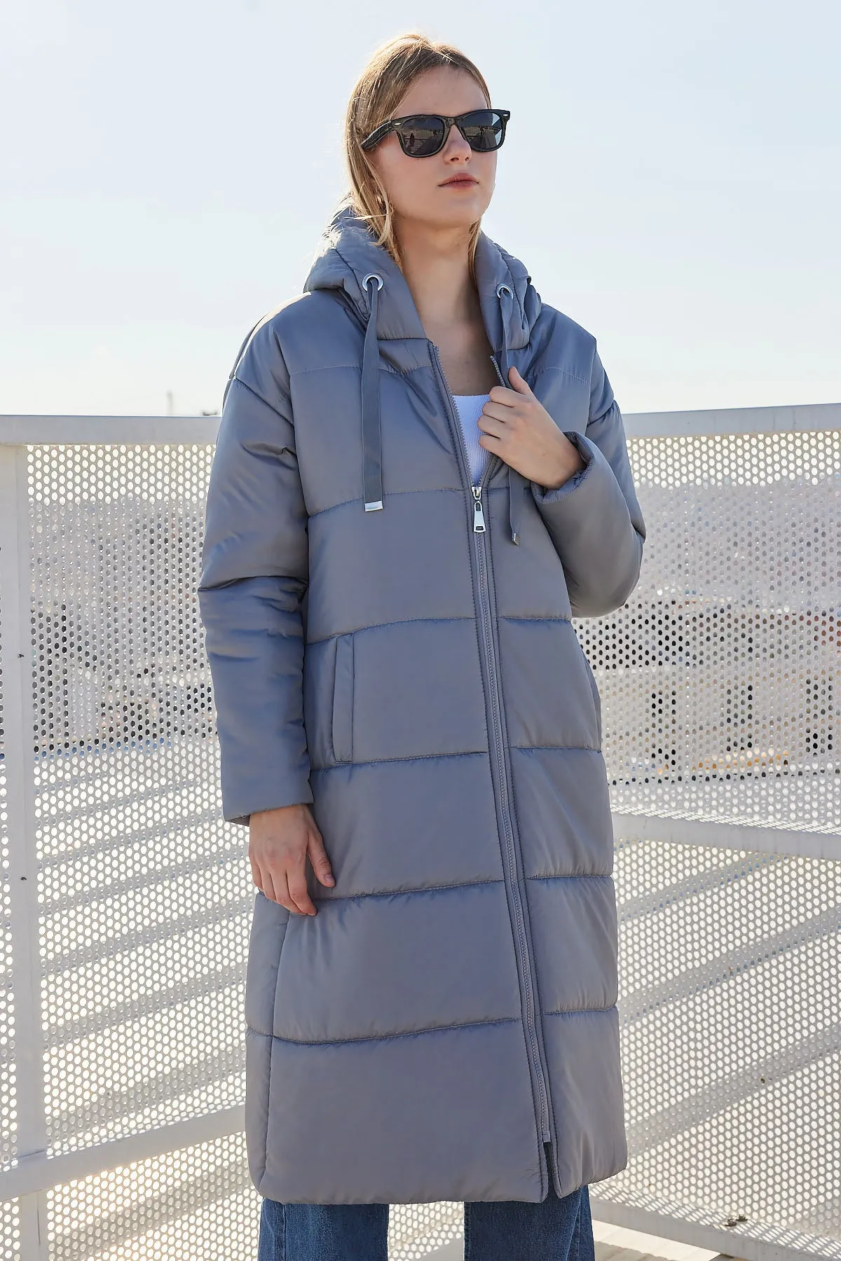 BGD Women Hooded Long Puffer Coat - Grey - Arcadia