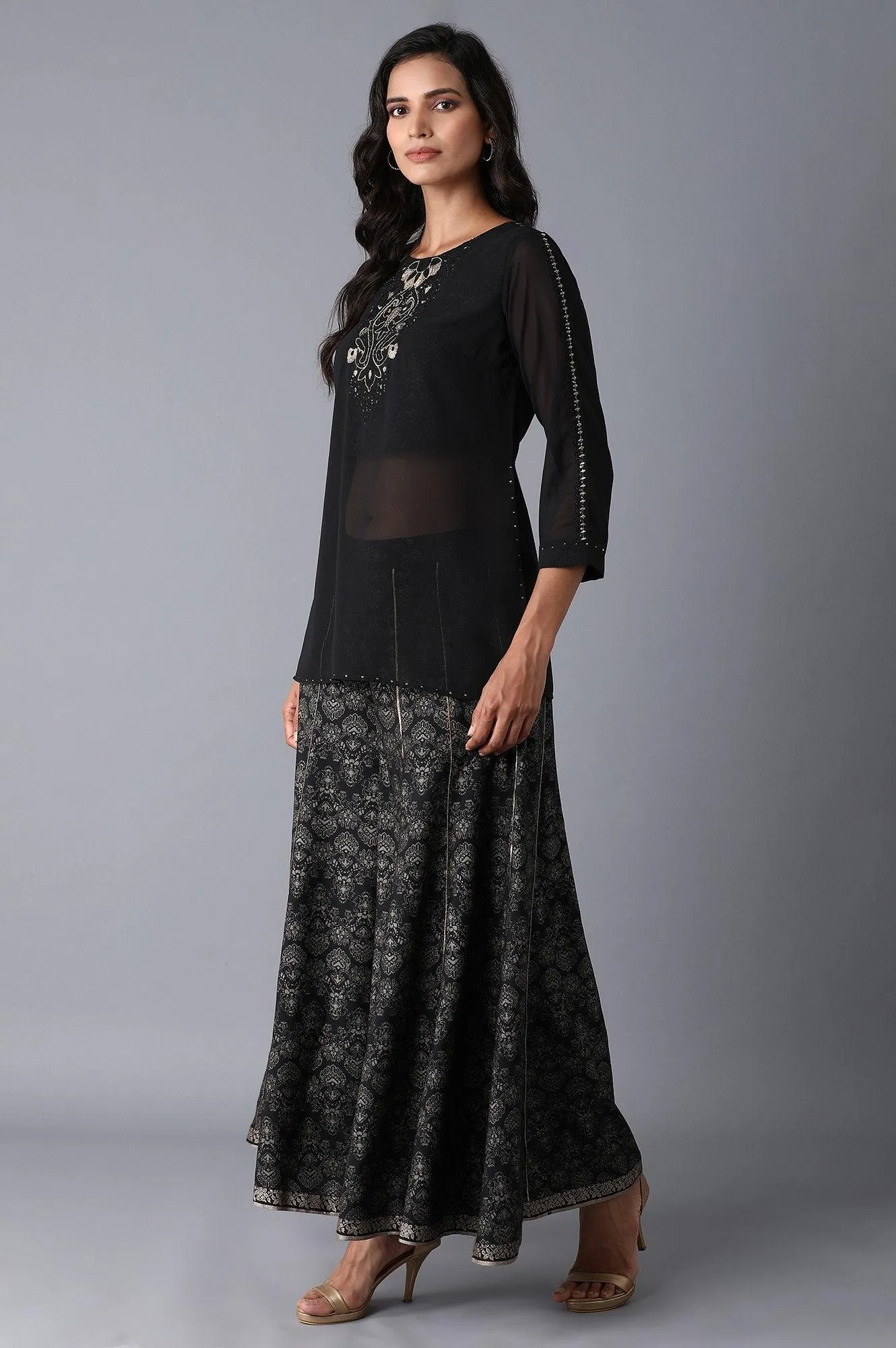 Black Layered kurta-Divided Skirt Set