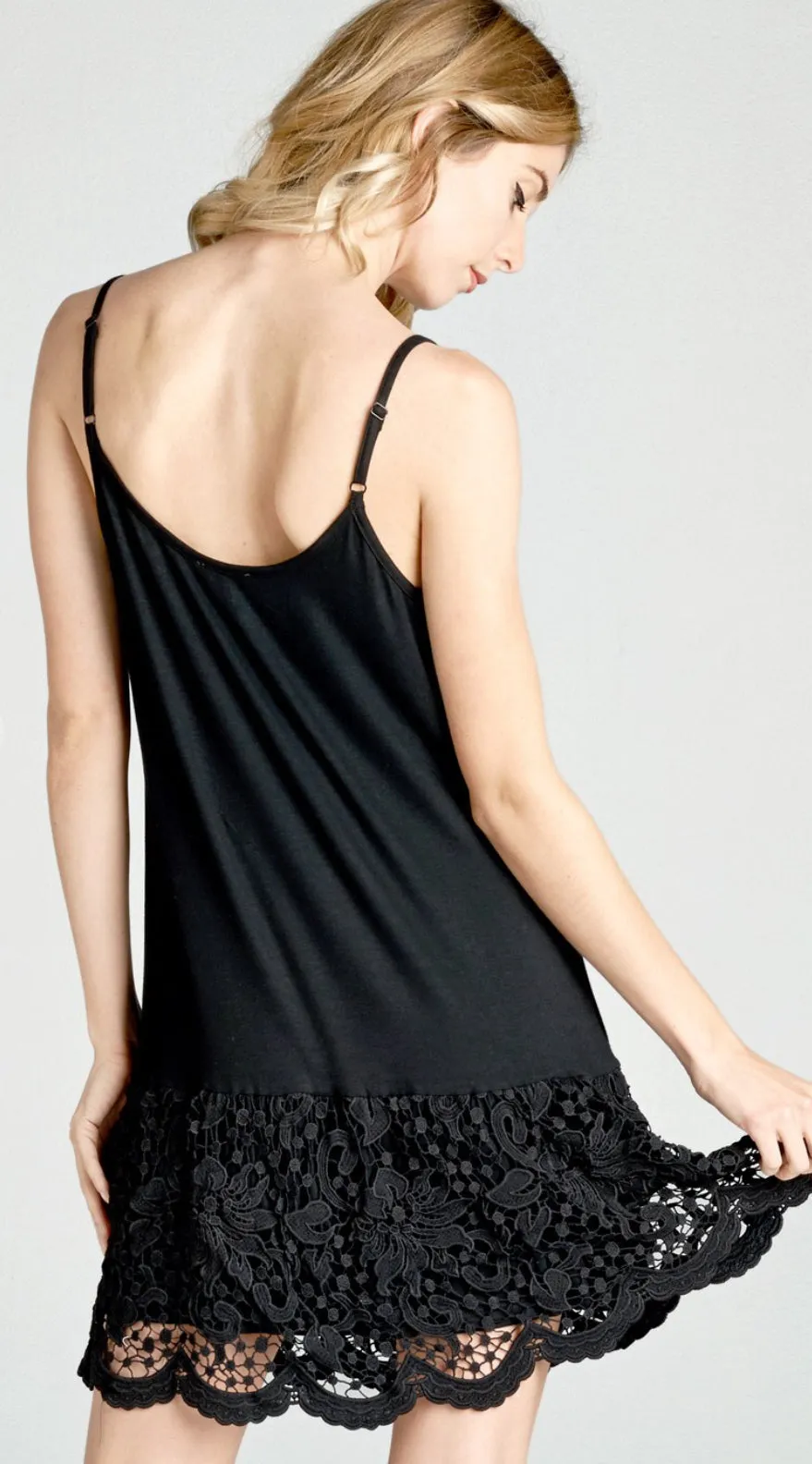 Black Solid Jersey Knit Dress Extender with Spaghetti Straps and Scalloped Lace Hem