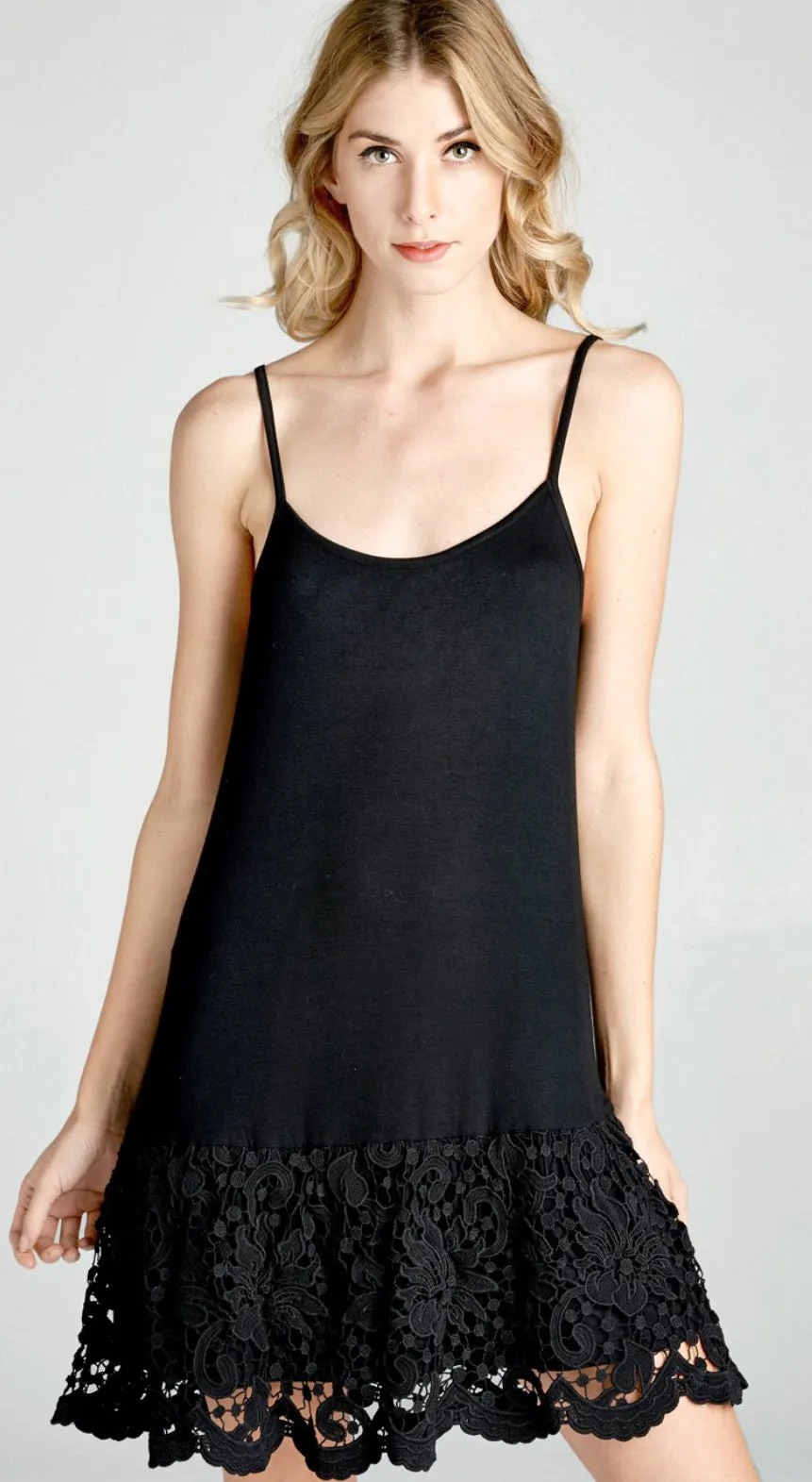 Black Solid Jersey Knit Dress Extender with Spaghetti Straps and Scalloped Lace Hem