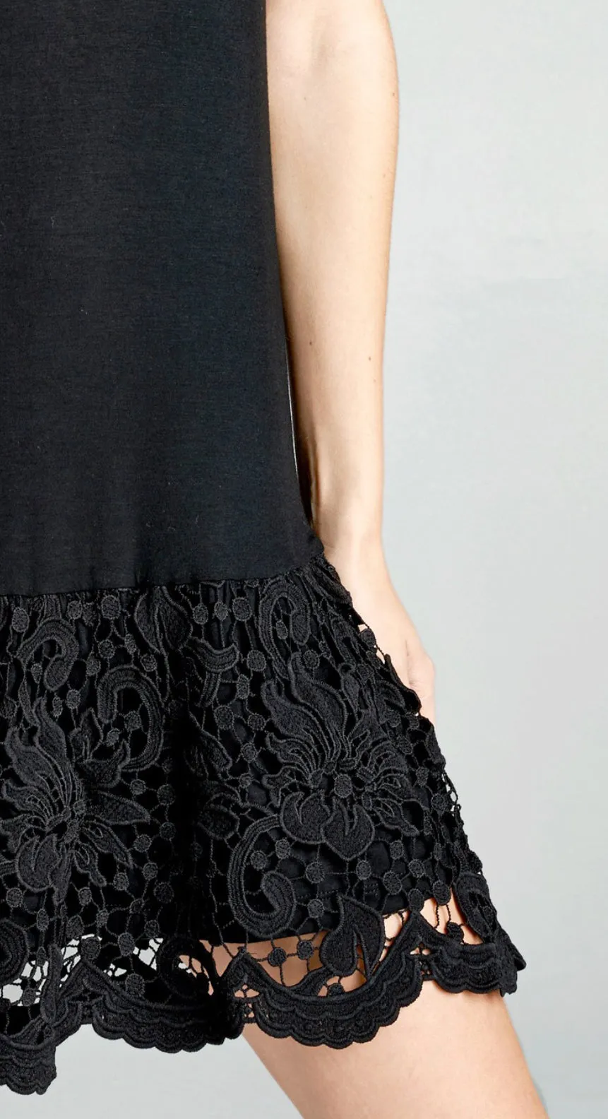 Black Solid Jersey Knit Dress Extender with Spaghetti Straps and Scalloped Lace Hem