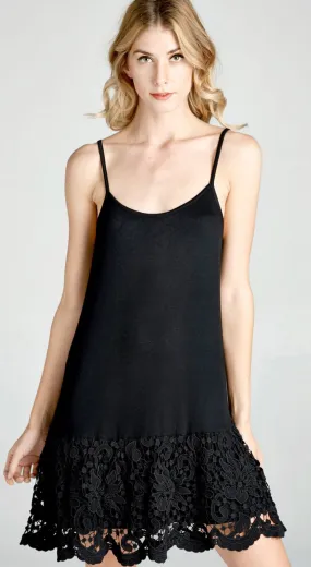 Black Solid Jersey Knit Dress Extender with Spaghetti Straps and Scalloped Lace Hem