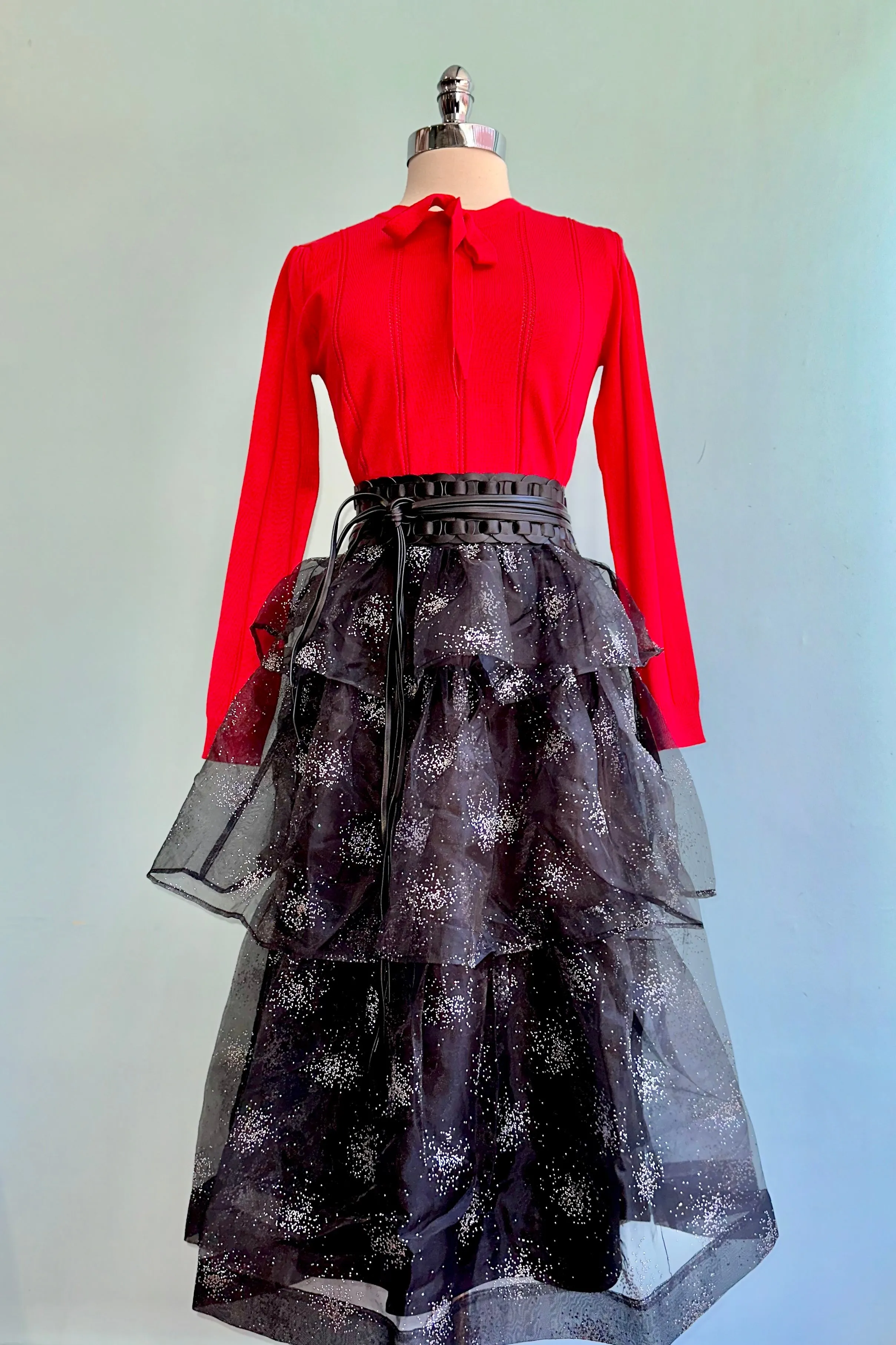 Black Sparkle Organza Tiered Midi Skirt