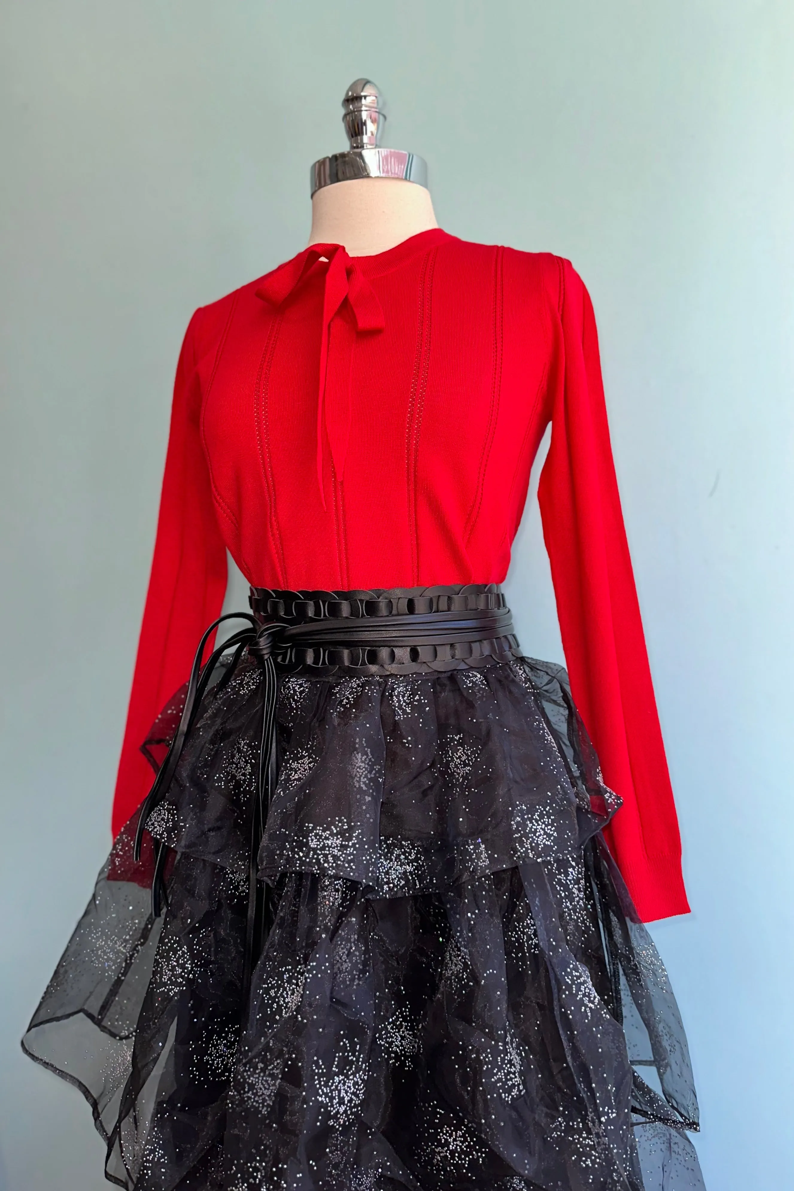 Black Sparkle Organza Tiered Midi Skirt
