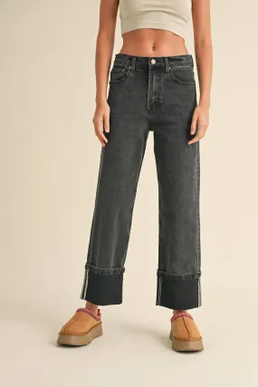 Black Straight Leg Cuffed Jeans