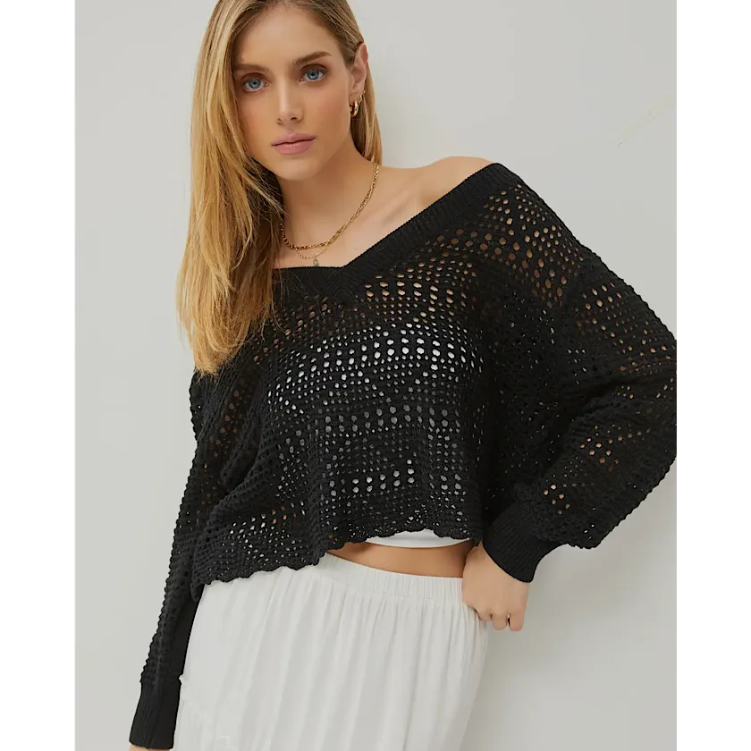 Black V Neck Crochet Top
