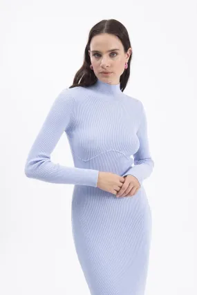 Blue Stand Collar Knitted Pencil Dress
