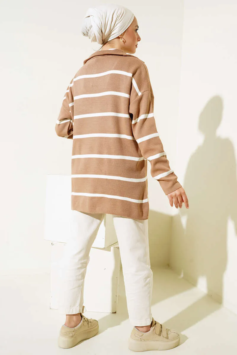 BNG Women Neck Zippered Striped Knit Tunic Mink - Clermont