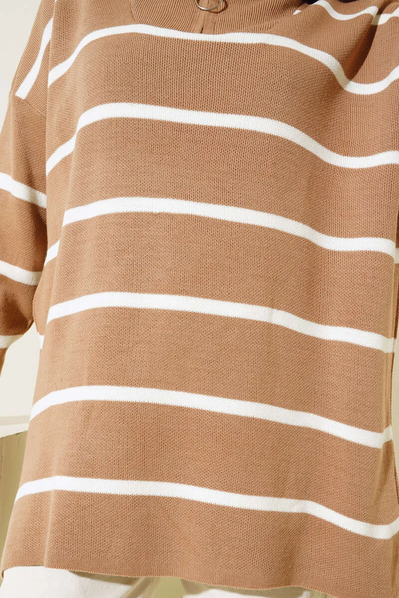 BNG Women Neck Zippered Striped Knit Tunic Mink - Clermont