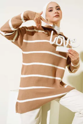 BNG Women Neck Zippered Striped Knit Tunic Mink - Clermont