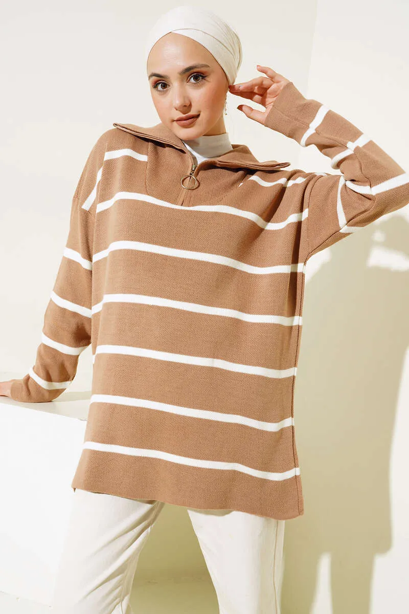 BNG Women Neck Zippered Striped Knit Tunic Mink - Clermont