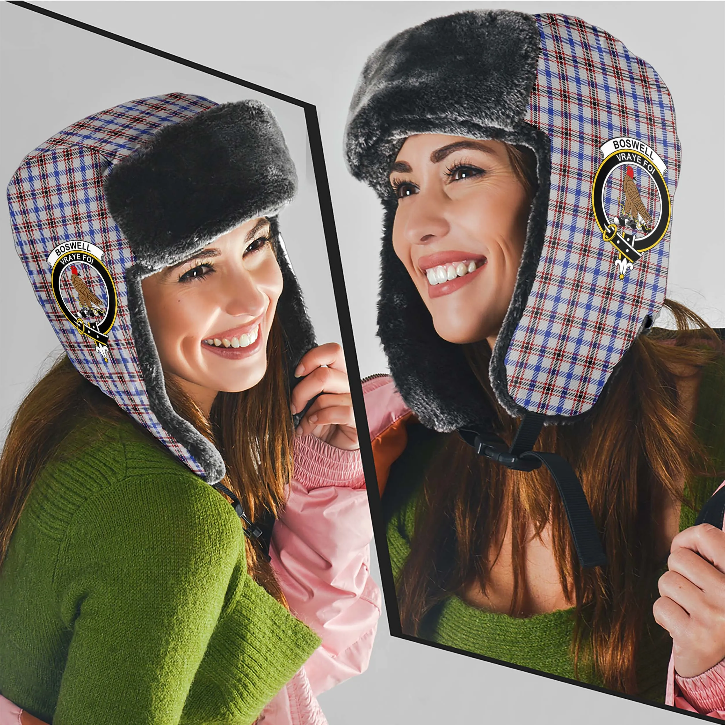 Boswell Tartan Winter Trapper Hat with Family Crest