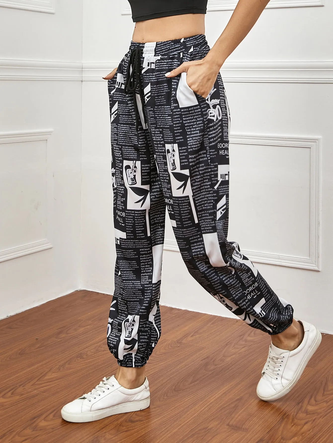 Casual Graphic Drawstring Natural Cropped Women Pants