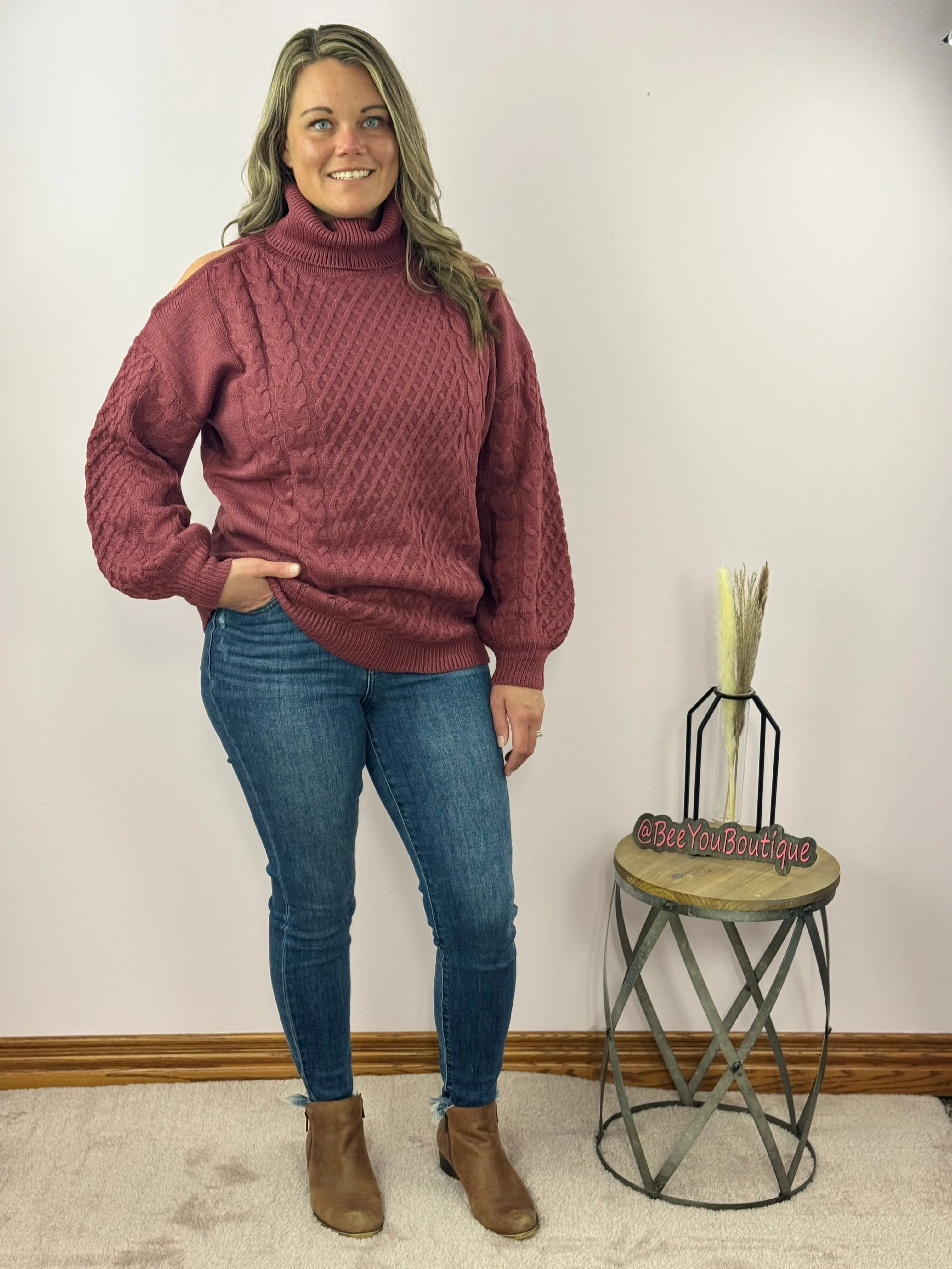Cold Shoulder Turtleneck Sweater