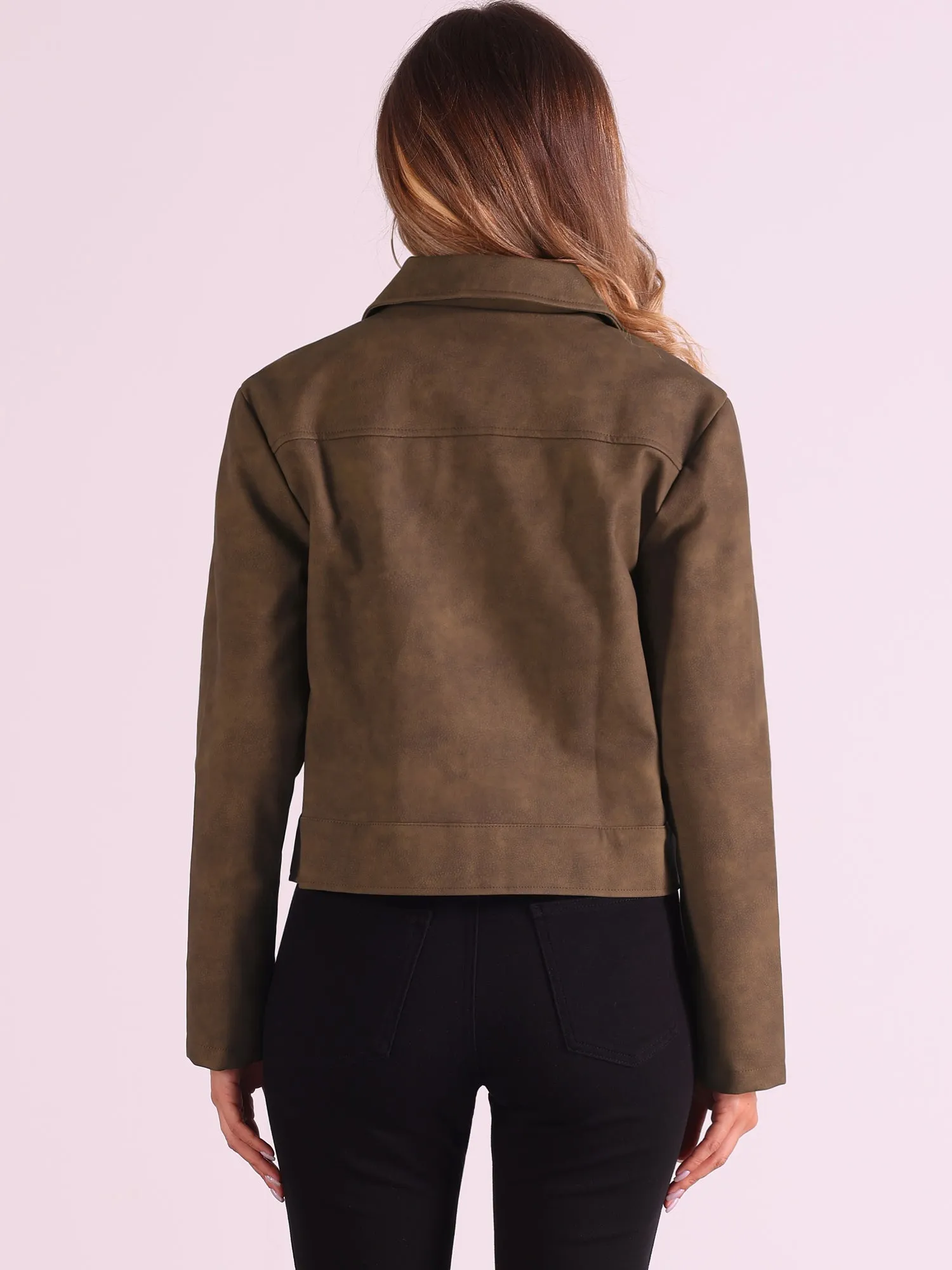 Collar Faux Leather Zip Up Long Sleeve Casual Cropped Jacket