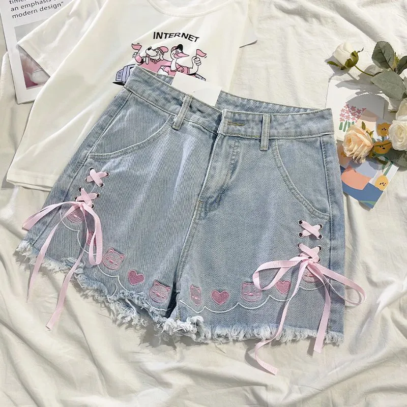 Cute Y2K Cat Embroidered Criss Bow Ripped Denim Shorts