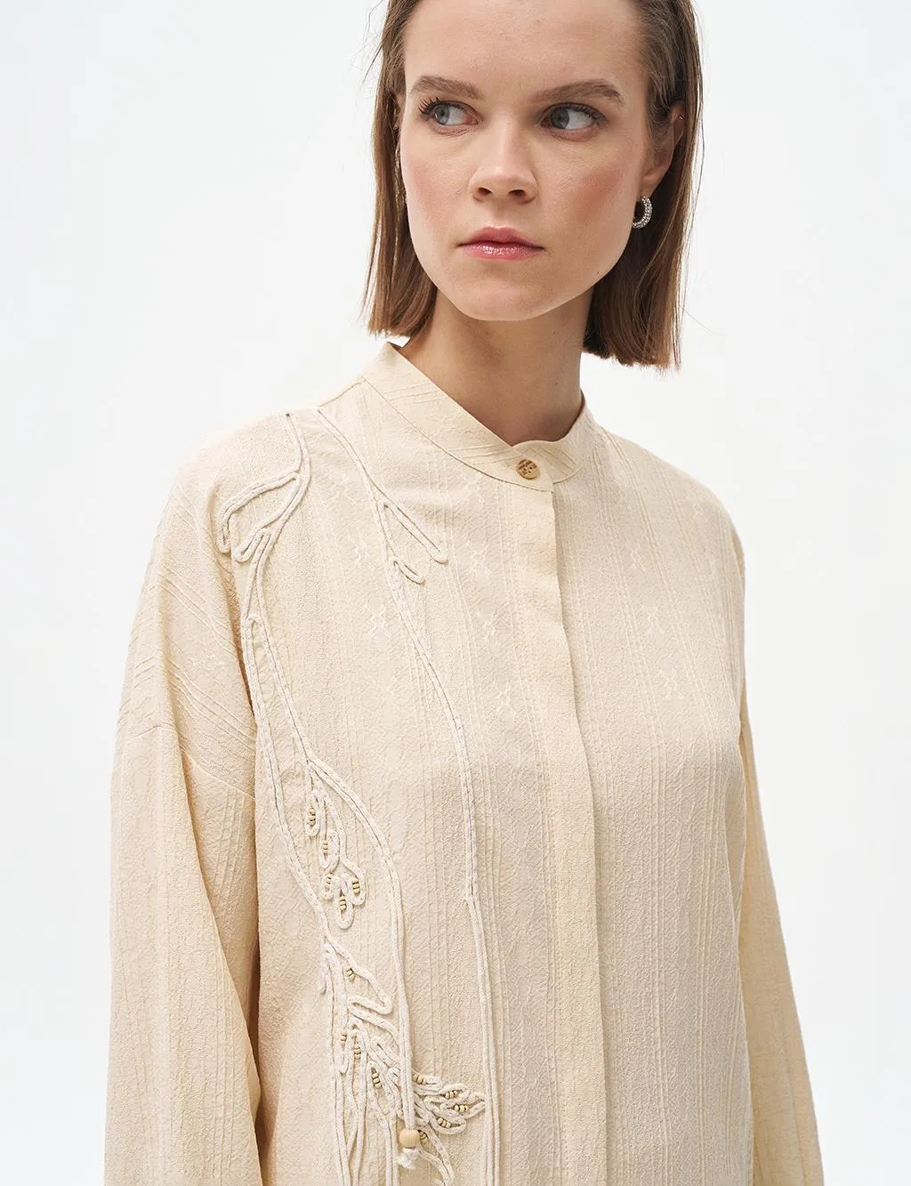 Embroidery Applique Waffle Tunic Cream