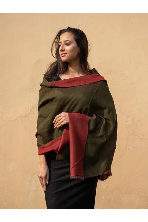 Exclusive Reversible Soft Kashmiri Wool Stole - Deep Red & Olive