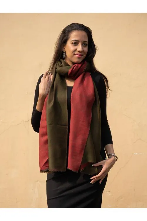 Exclusive Reversible Soft Kashmiri Wool Stole - Deep Red & Olive