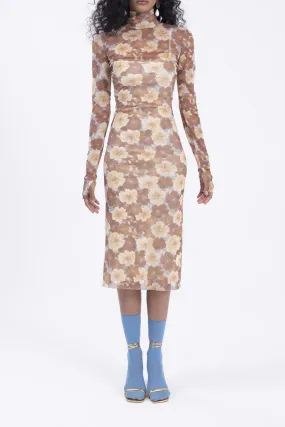Floral High Neck Detailed Tulle Midi Dress