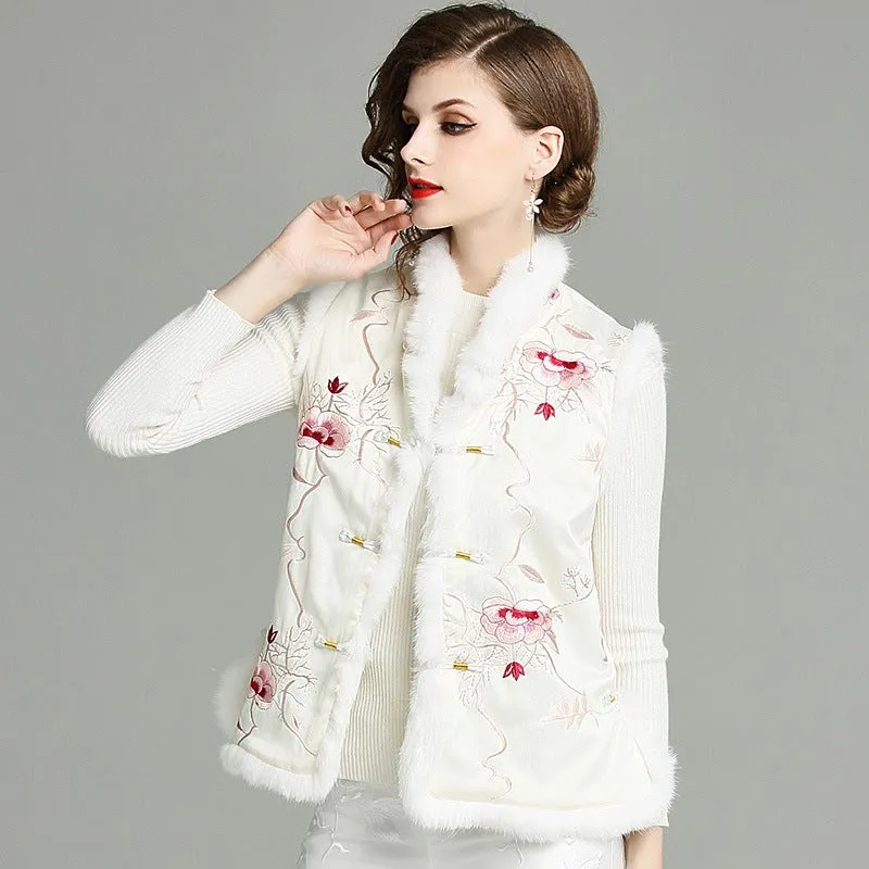 Fur Collar & Edge Floral Embroidery Brocade Chinese Waistcoat Vest