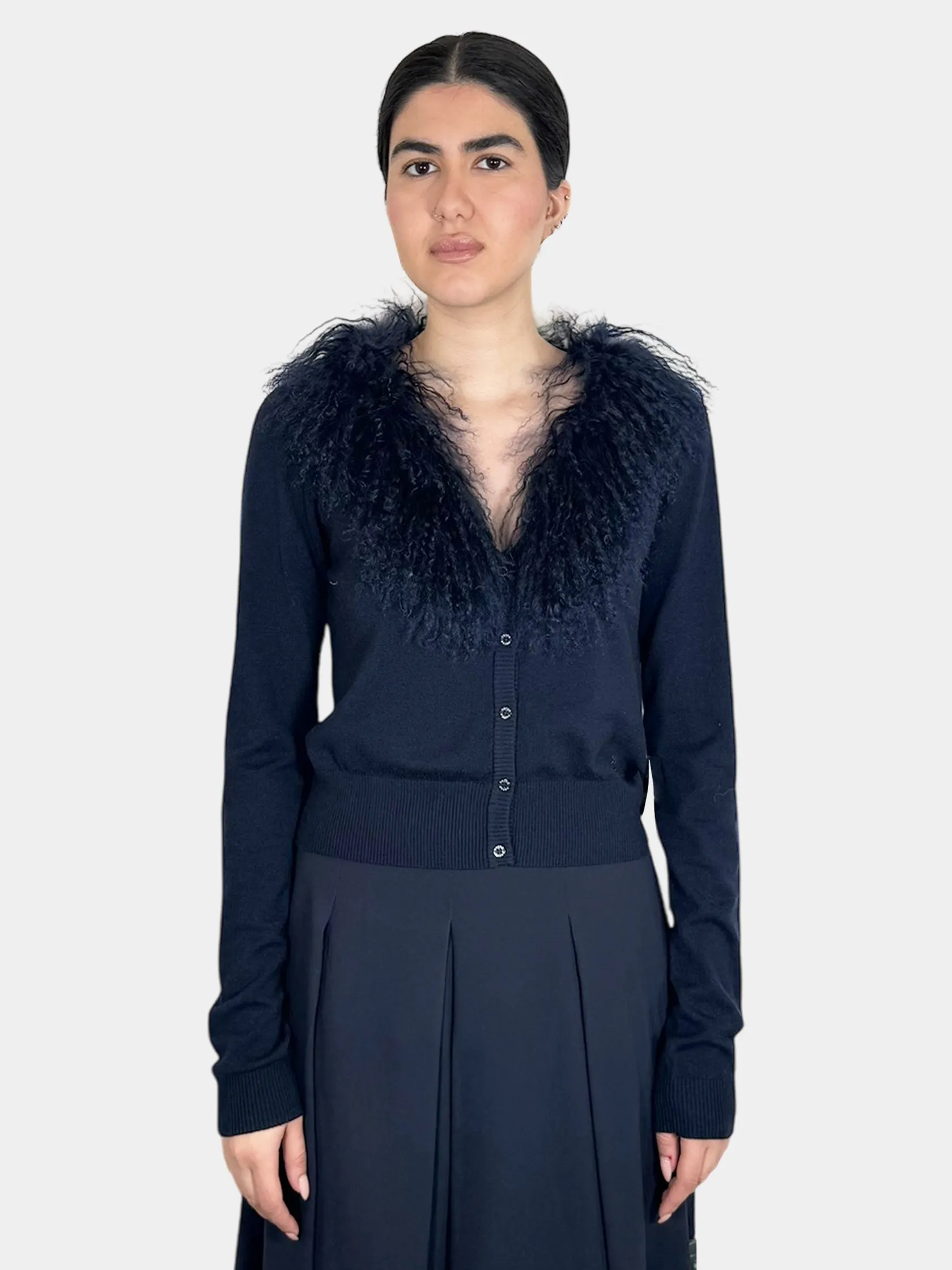 Fur Collar Button-Up Cardigan - Size XL
