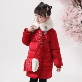 Fur Collar Floral Embroidery Chinese Style Girl's Wadded Coat