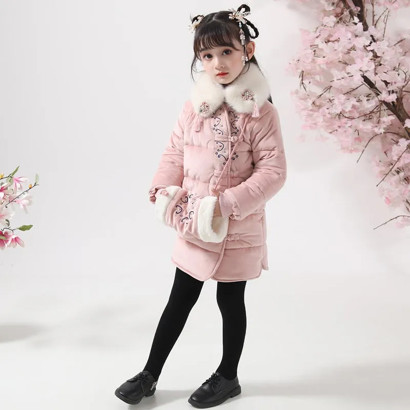 Fur Collar Floral Embroidery Chinese Style Girl's Wadded Coat