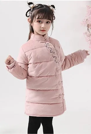 Fur Collar Floral Embroidery Chinese Style Girl's Wadded Coat
