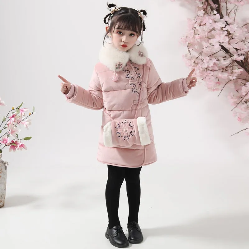 Fur Collar Floral Embroidery Chinese Style Girl's Wadded Coat