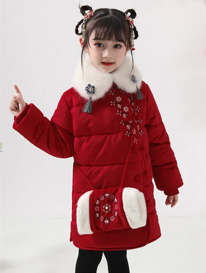 Fur Collar Floral Embroidery Chinese Style Girl's Wadded Coat