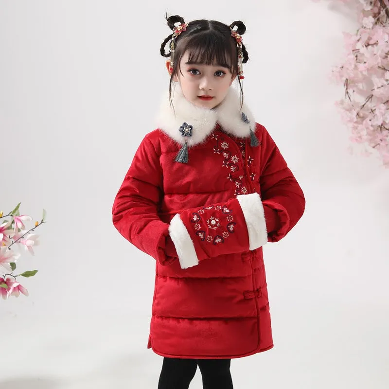 Fur Collar Floral Embroidery Chinese Style Girl's Wadded Coat