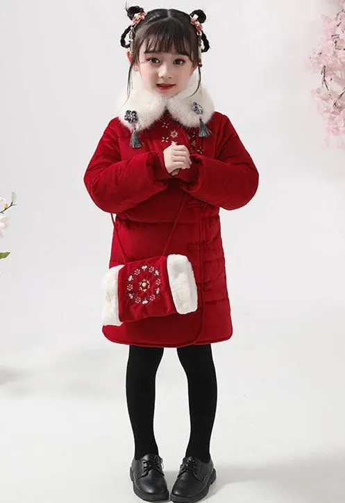 Fur Collar Floral Embroidery Chinese Style Girl's Wadded Coat