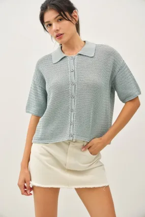 Get Hooked Seafoam Boxy Crochet Button Sweater Top