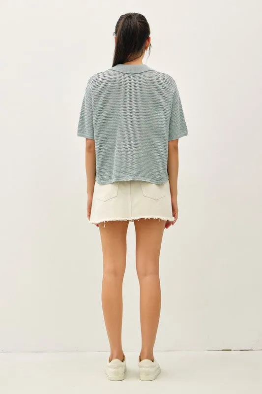 Get Hooked Seafoam Boxy Crochet Button Sweater Top