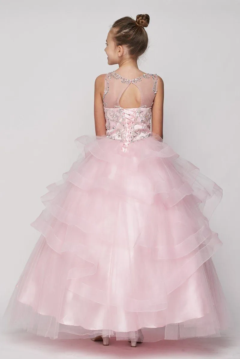 Girls Beaded Illusion Sleeveless Ball Gown with Layered Skirt 8003