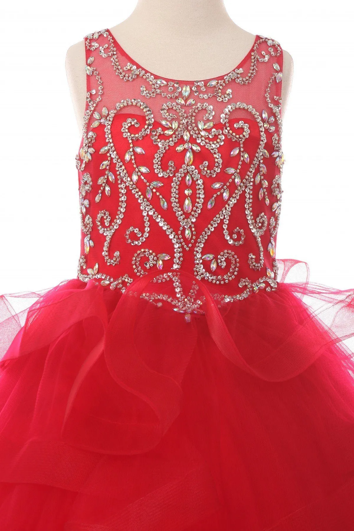 Girls Beaded Illusion Sleeveless Ball Gown with Layered Skirt 8003