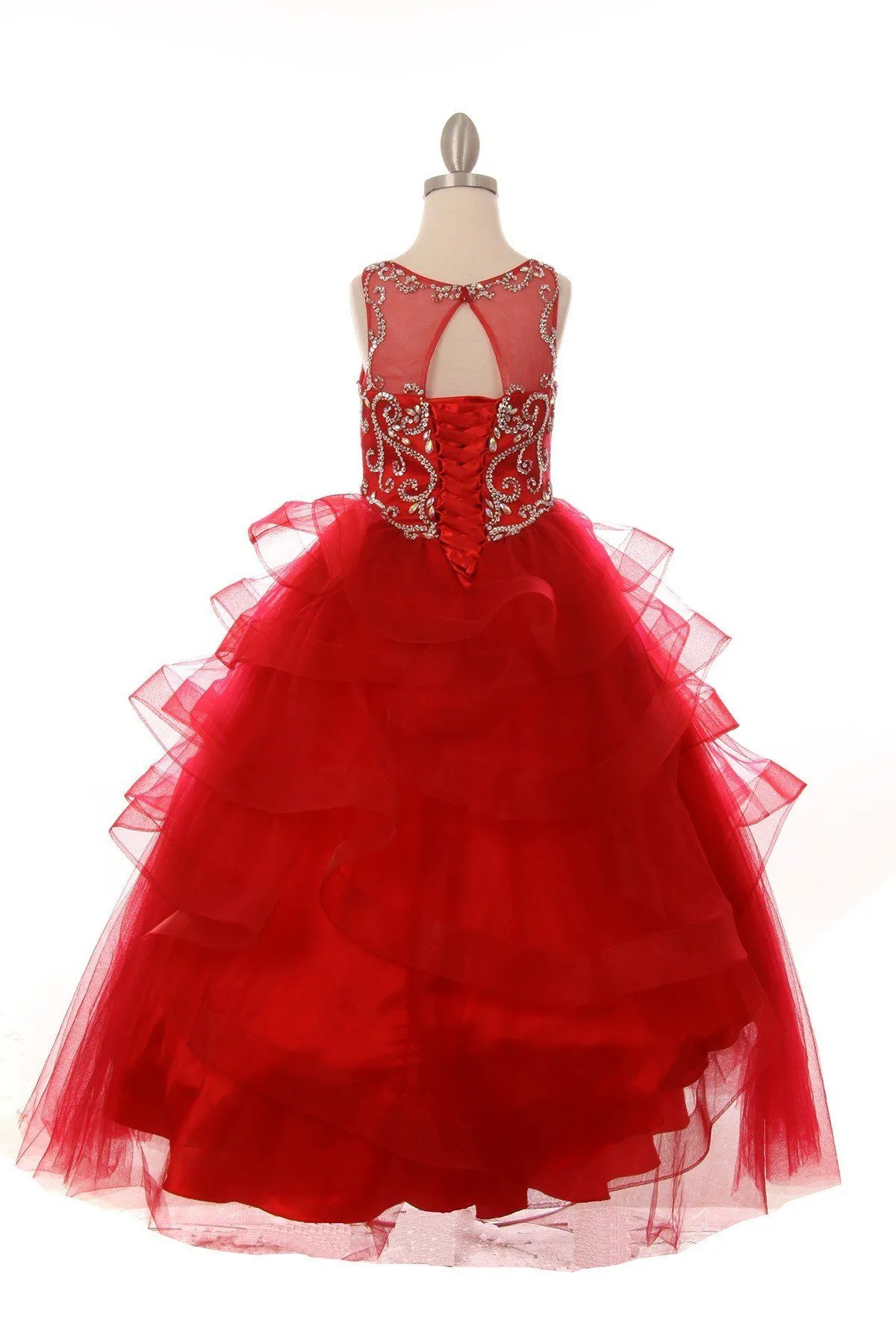 Girls Beaded Illusion Sleeveless Ball Gown with Layered Skirt 8003