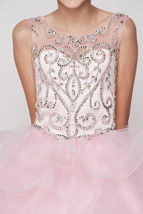 Girls Beaded Illusion Sleeveless Ball Gown with Layered Skirt 8003