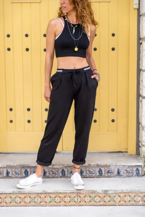 GNS Women's Black Elastic Waist Pocketed Comfort Fit Pants BST700-3523 - Houston