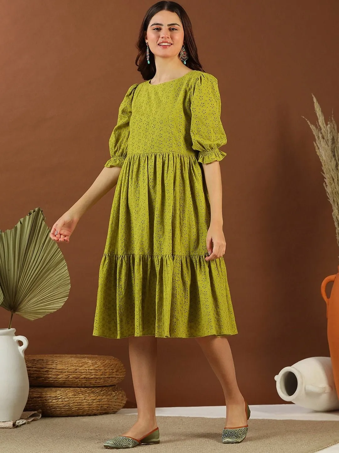 Green Chikankari Embroidered Cotton Midi Ethnic Dress