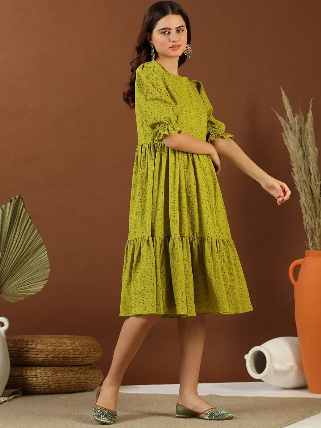 Green Chikankari Embroidered Cotton Midi Ethnic Dress