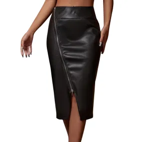 High Waist Zip-Up Maxi Leather Black Skirt With Split