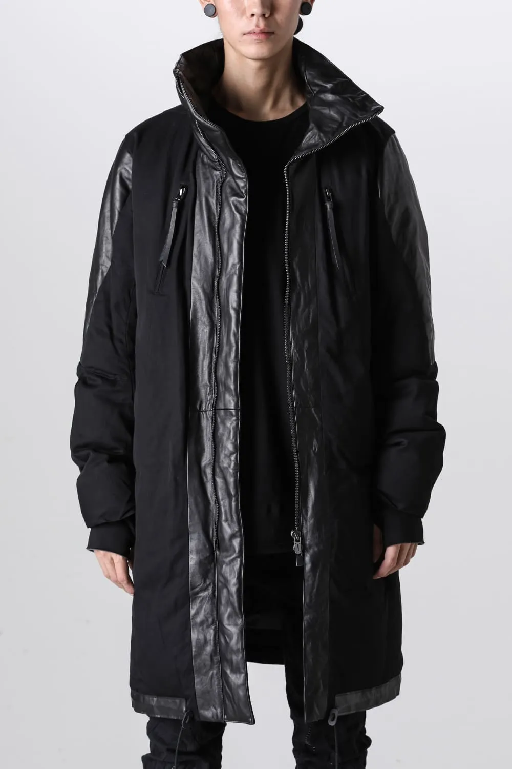 Horse Leather x Rayon Twill White Goose Down Coat  Black